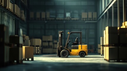 Industrial Warehouse: A Yellow Forklift Amidst Cardboard Boxes