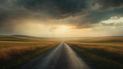 A dramatic visual of a desolate country road leading into a tempestuous horizon, storm clouds towering with vivid texture and depth, lightning streak faintly visible, blending natural light and shadow