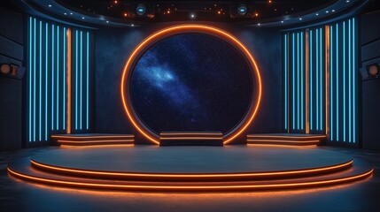Virtual studio backdrop for night talk show live streaming event. Dark modern design with neon lighting. Circular window shows starry night sky. Suitable for VR stage sets. Three-dimensional