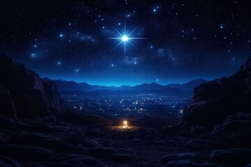 Starry night scene over desert hills. Shining Bethlehem star above dark mountains. City lights visible below. Religious scene Jesus birth. Nighttime landscape. Silent worship. Hope, faith in birth of