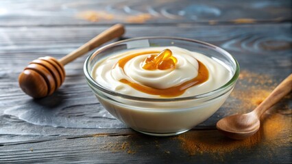 A bowl of creamy homemade yogurt with a spoon and a drizzle of honey on top, cream, utensil,  cream, utensil, snack, dairy, home