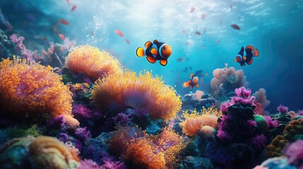 Obraz premium Vibrant Underwater Paradise with Clownfish and Coral