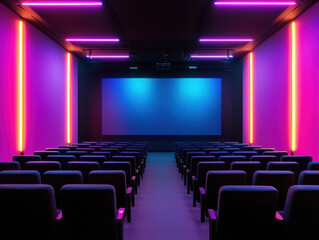 Fototapeta premium Vibrant cinema with neon lighting and empty seats