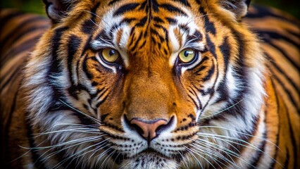 Fototapeta premium Majestic Tiger Close-Up: Wild Feline Face with Striking Stripes and Predatory Gaze in Natural Habitat