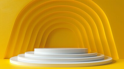 Fototapeta premium Abstract 3D rendering of a white tiered display platform against a yellow arched background.