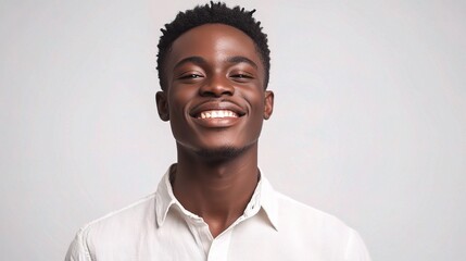 Obraz premium Smiling African Man with Short Hair in White Shirt Against Plain Background