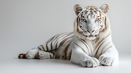 Obraz premium Majestic white tiger with brown stripes lying down, gazing intensely.