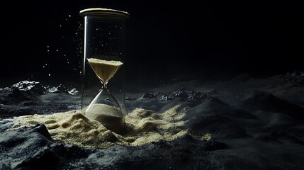 Sand flowing in hourglass representing the countdown, empty space to add text