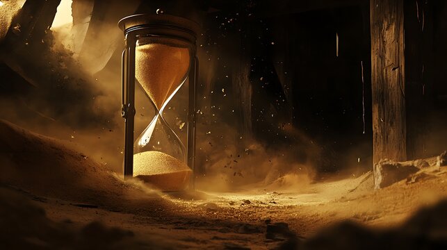 Sand flowing in hourglass representing the countdown, empty space to add text