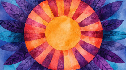 Fototapeta premium Vibrant watercolor sun with purple feathered rays