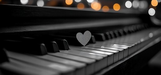 Heart on piano keys, black and white, bokeh background.