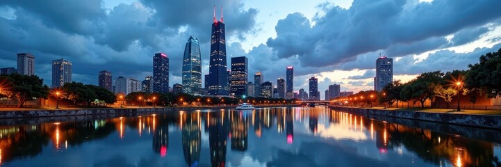 Modern skyscrapers reflect in the calm waters of Houston's bayou, modern architecture, bayou