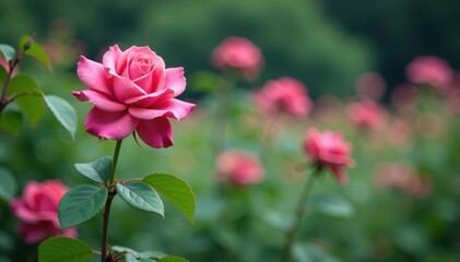 Obraz premium Rose bush in misty garden with blurred flowers, misty, greenery