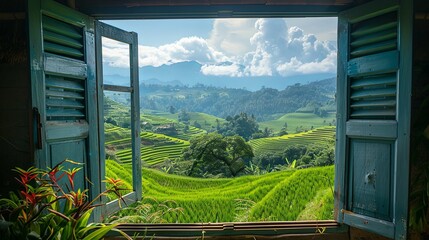 Fototapeta premium Verdant Rice Terraces Viewed Through an Open Rustic Window