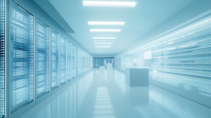 Obraz premium Futuristic Server Room Corridor Modern Data Center Interior with Illuminated Data Streams on Walls and Glass-Paneled Servers
