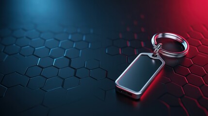 Futuristic Metallic Key Tag on Hexagonal Pattern Background with Blue and Red Lighting Effects