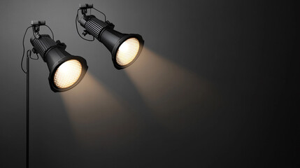 Studio lights illuminate a dark background for a creative project session. 