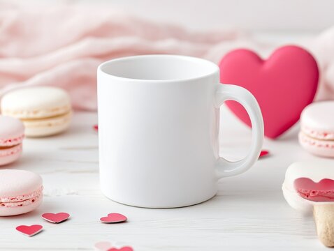 mug mockup for valentine day, A charming display of a blank white mug surrounded by pink macarons and heart-shaped decorations, perfect for sweet moments.