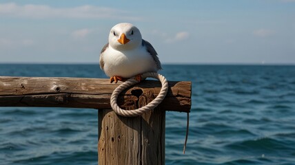 Plump seagull perched on weathered wood post near ocean.