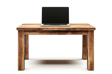 wooden desk with laptop isolated on white background