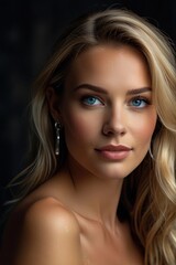Obraz premium Beautiful blonde woman showcasing radiant skin, deep blue eyes, and silky hair. The photo highlights her exotic features in a captivating beauty concept.