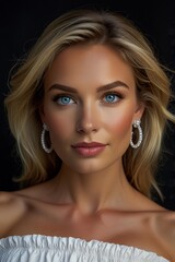 Fototapeta premium A stunning blonde woman with mesmerizing blue eyes, captured in a beauty shot from above the head to the chest. Her glowing skin and golden hair exude elegance and charm.
