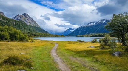 Serene Landscape View with Mountains and Lake Under Dramatic Sky during Daylight in Nature’s Embrace