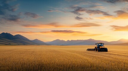 Fototapeta premium Sunset Landscape Over Wheat Field with Tractor in Rural Setting and Majestic Mountains in Background