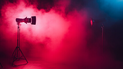 Colorful lighting setup with smoke and shadows for creative photography. 