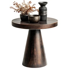 wooden accent table with decorative items isolated on white background