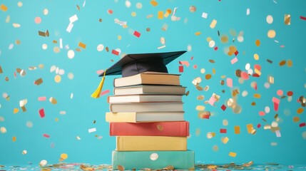 Graduation memories concept. A celebratory scene featuring a graduation cap atop a stack of colorful books, surrounded by festive confetti in vibrant colors.