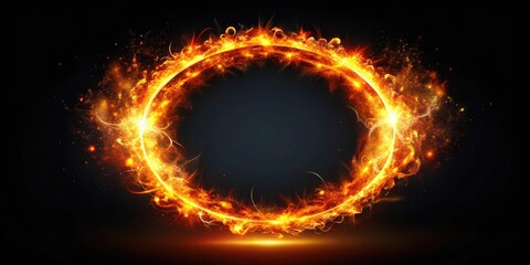 A glowing light ring surrounded by dancing flames on a dark black background, sparkling embers, fiery aura