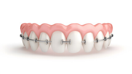 detailed view of orthodontic braces on row of teeth, showcasing dental care