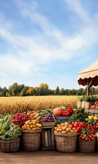 Vibrant Market Scene with Fresh Fruits and Vegetables Surrounded by Lush Fields and Scenic Sky