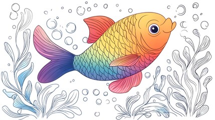 Fototapeta premium Line drawing of a smiling rainbow fish swimming