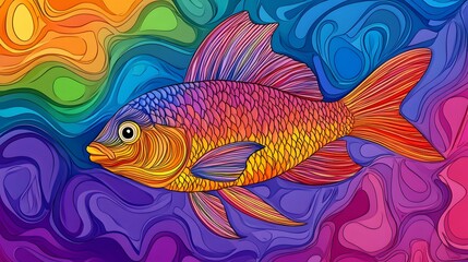 Fototapeta premium Line drawing of a smiling rainbow fish swimming