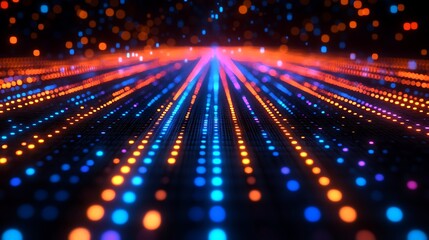 Fototapeta premium Abstract Digital Flow: A mesmerizing abstract backdrop of vibrant blue and orange lights, forming a dynamic, converging flow. The background is a gradient of deep blue and black.