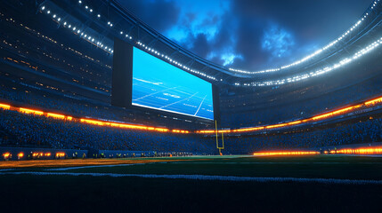 A nighttime view of a stadium with bright lights and a large screen, ready for a game.