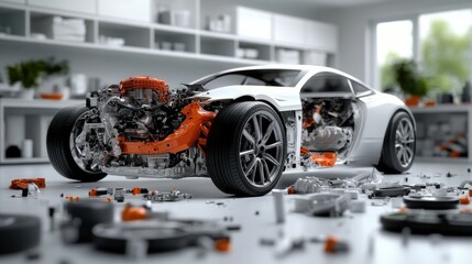 Obraz premium Transparent auto: internal structure, car mechanisms, modern transport, car structure, engineering solution, x-ray design, suspension parts, advanced technology, auto construction.