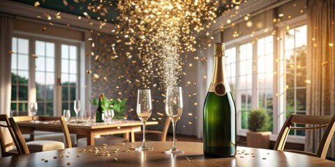 Confetti falling from the ceiling as a luxurious bottle of champagne is raised in a toast on a elegant dining table