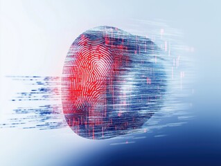 Digital fingerprint illustration shows tech biometric authentication process. Advanced identification tech uses red fingerprint data, code streams. Cybersecurity concept of user data protection.