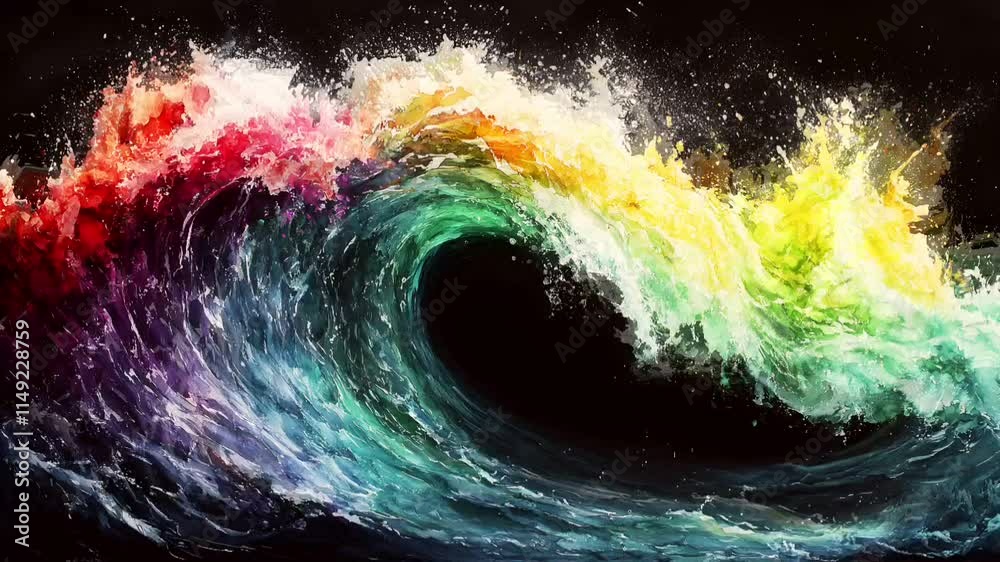 Fototapete seamless looping. vibrant rainbow wave with dynamic motion and splashes of color. abstract flow anim