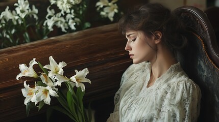 Naklejka premium A woman mourning with a lily bouquet next to a closed wooden coffin