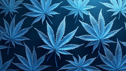 Frosted crystal cannabis leaves on deep midnight-blue. Translucent, icy design with cool blue and silver tones, offering a sleek and modern aesthetic