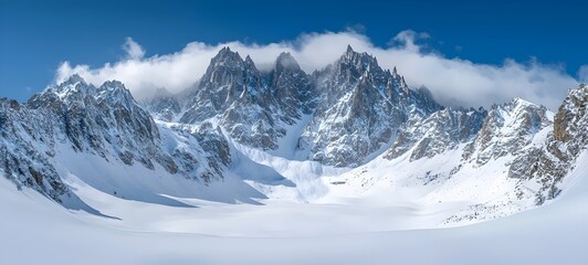 Fototapeta premium A breathtaking panoramic view of snow-covered mountain peaks under a clear blue sky, with wisps of clouds gently hanging around the rocky summits, showcasing nature's beauty.