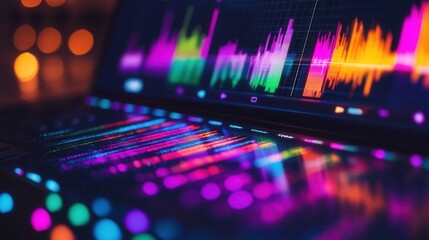 Vibrant Neon Stock Photo Close-Up of Laptop Screen Displaying Colorful Data Graphs and Code, Night Background