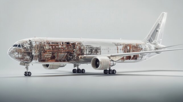 Transparent Airplane 3D Render Detailed Cross-Section of a Modern Jet Airliner, Showing Internal Mechanics and Engineering