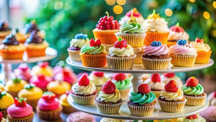 Colorful sweet dessert cakes and cupcakes arranged on a tiered serving dish at a festive celebration, sweets, cake