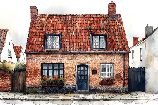 Charming Watercolor Illustration of a Traditional Brick House with Red Tile Roof.