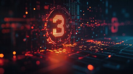 Futuristic Digital Number 3 Abstract Sci-Fi Background with Glowing Circuitry and Data Streams